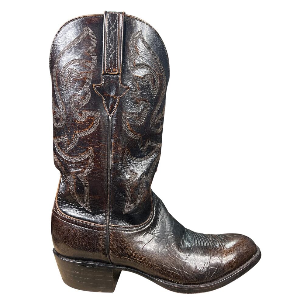 Vintage Lucchese Men’s Brown Leather Glossy Cowboy Boot Size US 8.5 D